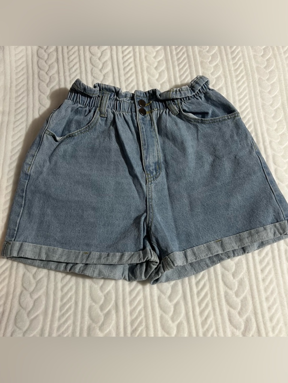 💗 Plaid & Plain -‎ Women's Light Blue Denim High-Waist Paperbag Shorts